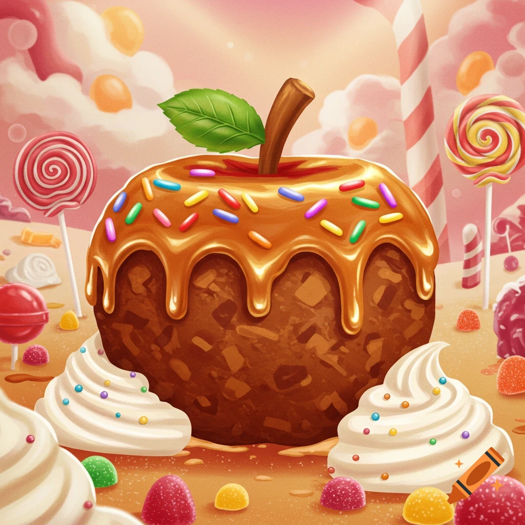 A whimsical illustration of a large, caramel-covered candy apple with sprinkles, surrounded by whipped cream, lollipops, and candies in a sweet landscape.