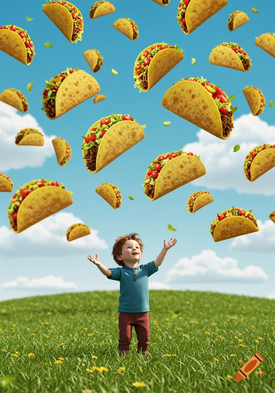 A red-haired boy in a green field catches photorealistic tacos falling from a blue sky.