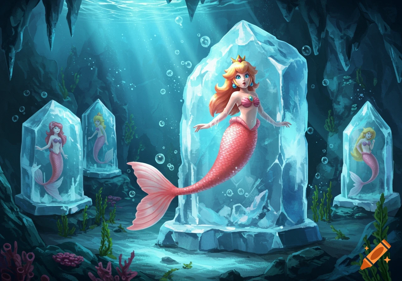 Princess Peach mermaid frozen in a large ice block in an underwater cave, with other mermaids in smaller ice blocks.
