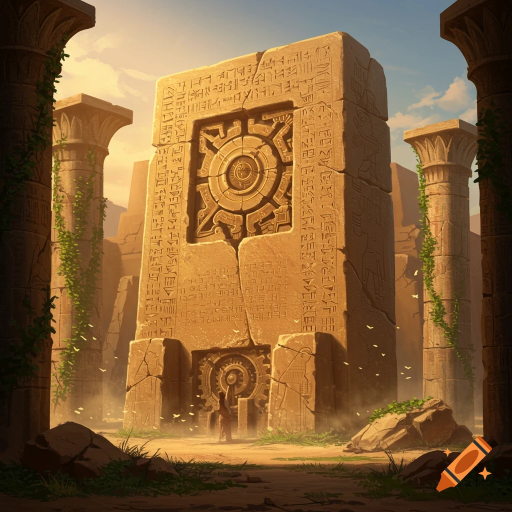 A lone figure stands before a massive, ancient stone monolith covered in intricate, unreadable carvings and a central gear-like symbol, flanked by ruined pillars under a sunset sky.