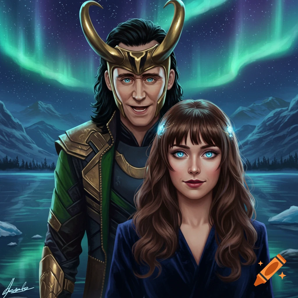 Digital art of Loki with a woman with bright blue eyes and long brown hair, standing in a snowy landscape under the aurora borealis.