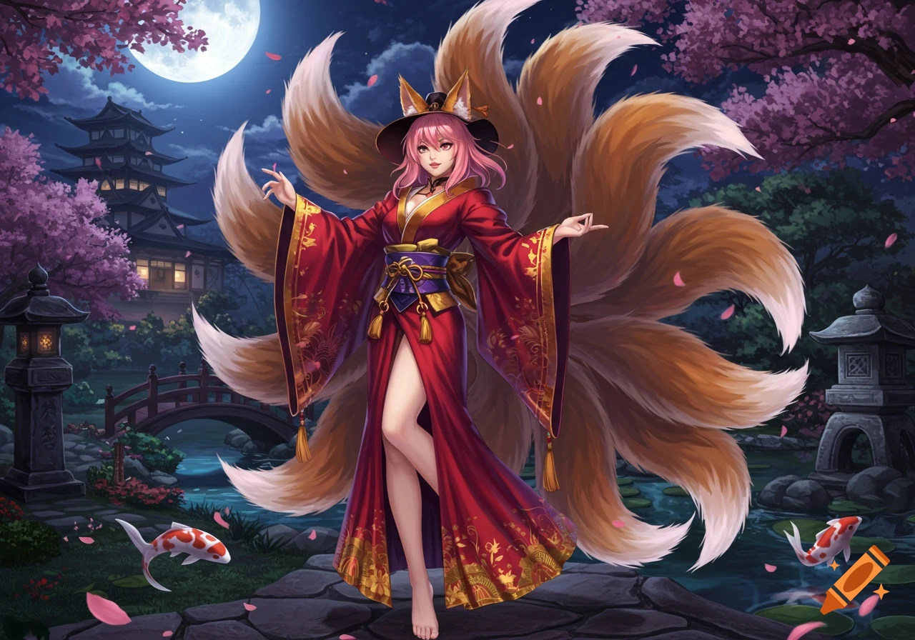 An anime-style kitsune character with pink hair and nine fluffy tails stands in a moonlit Japanese garden with cherry blossoms, a pagoda, and koi fish.