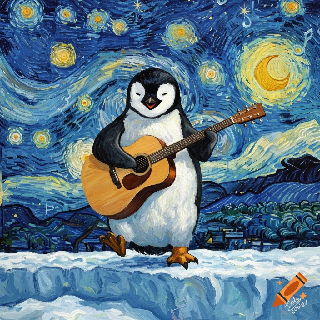A cheerful penguin plays an acoustic guitar under a vibrant, swirling starry night sky, in the distinctive painterly style of Van Gogh.