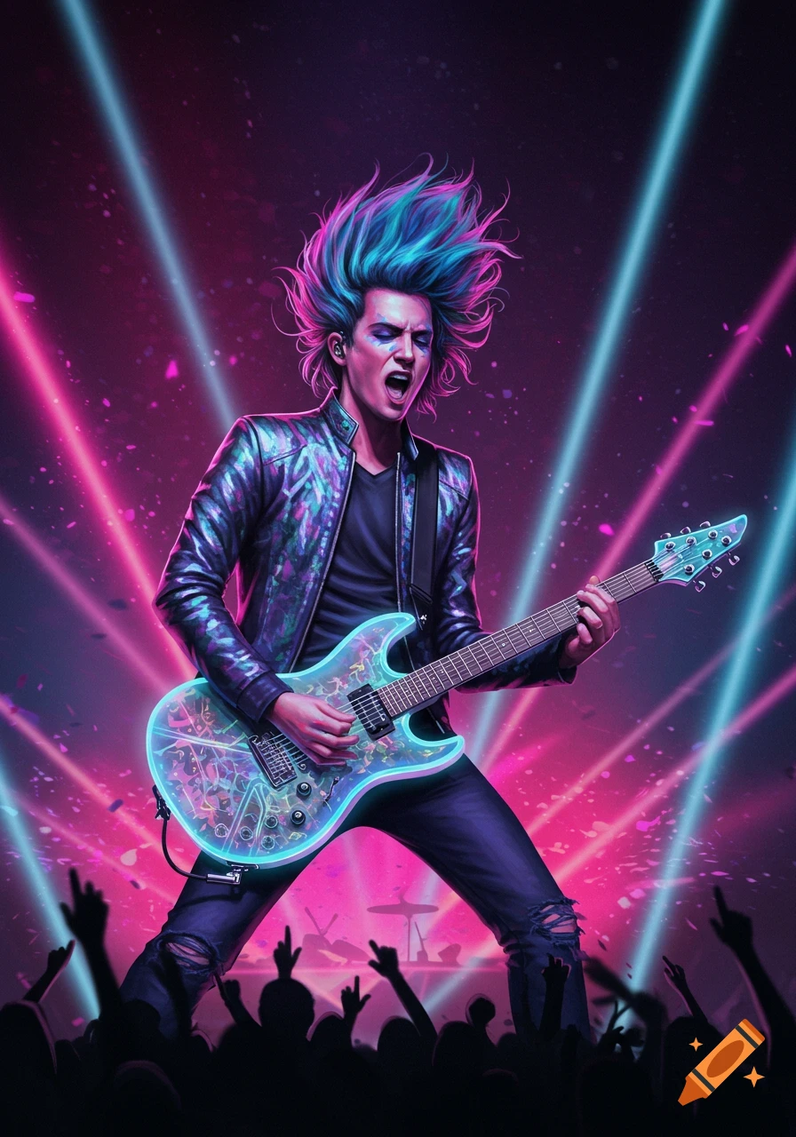 A male rockstar with vibrant blue and pink hair plays a glowing electric guitar on stage under neon lights with a crowd.