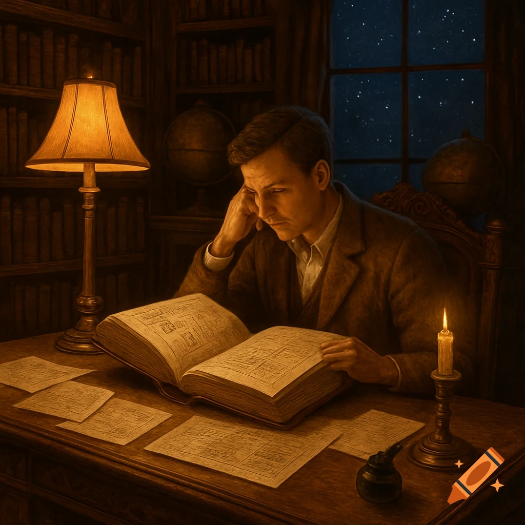 A man studies intently at a desk, illuminated by a lamp and candle, surrounded by books in a dimly lit library.