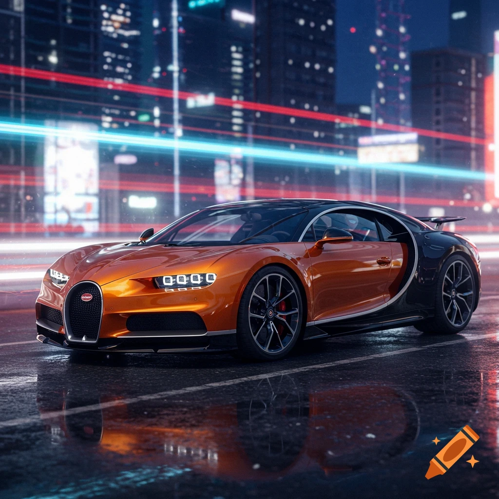 A sleek, two-toned orange and black sports car drives on a wet city street at night, with light trails from other vehicles in the background.