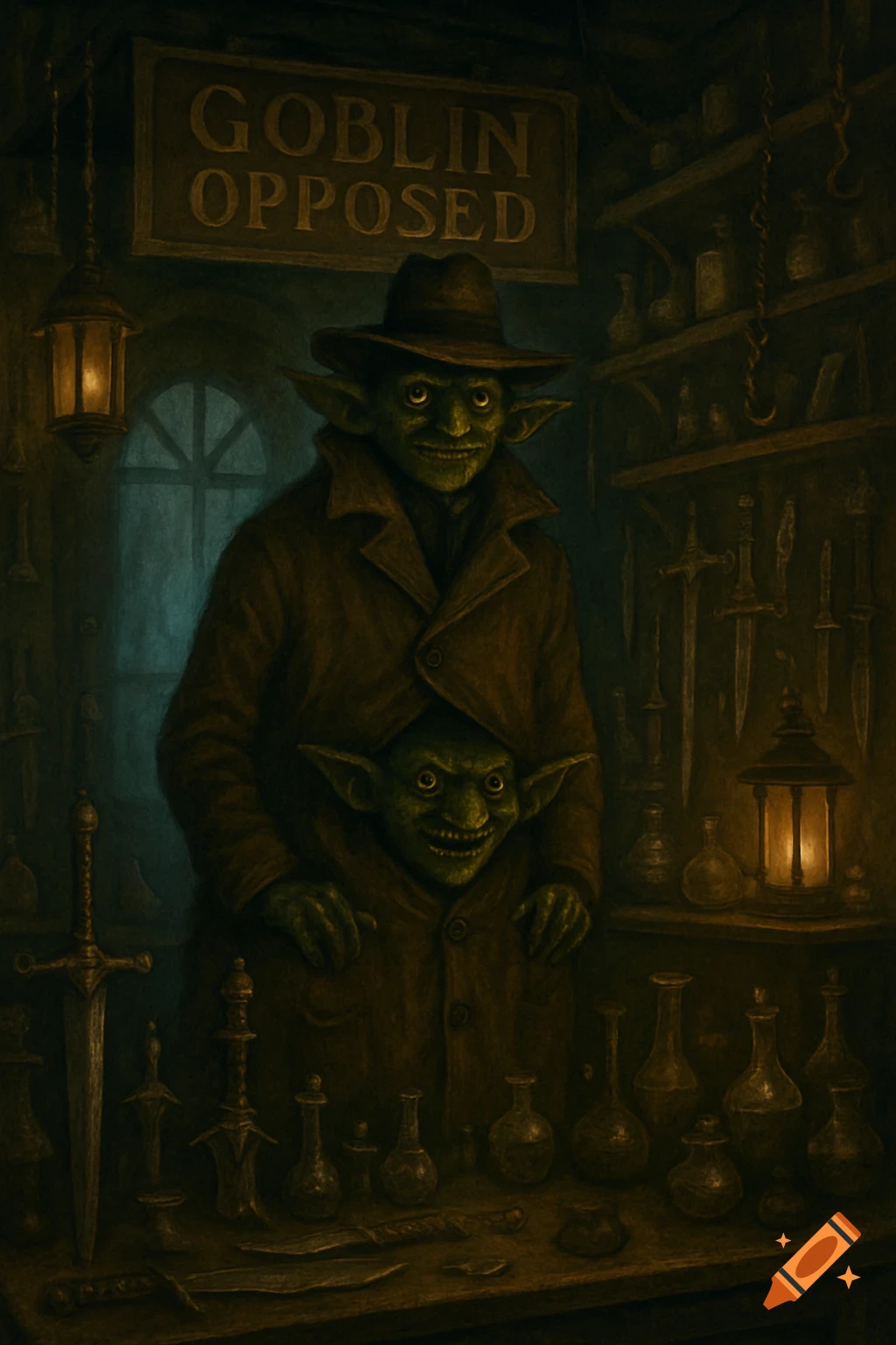 Two goblins in a trench coat run a dark fantasy shop called 'Goblin Opposed', selling weapons and potions. Painting.