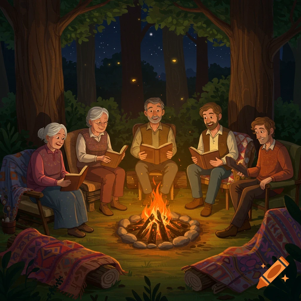 Five adults read books by a campfire in a dark forest at night, cartoon style.