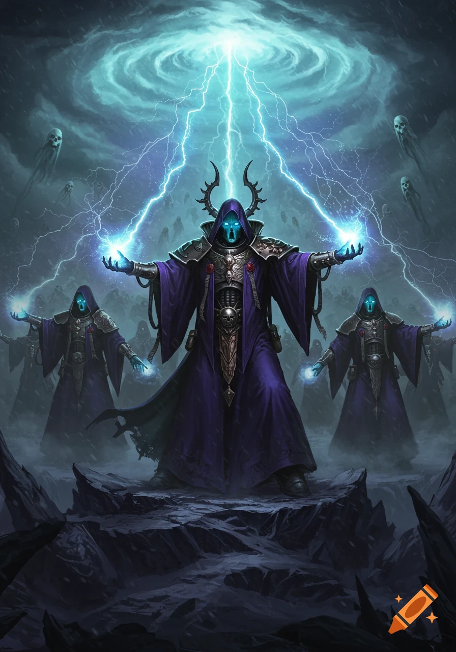 A group of dark sorcerers in purple robes with glowing blue faces and horned helmets summon lightning from a stormy sky.