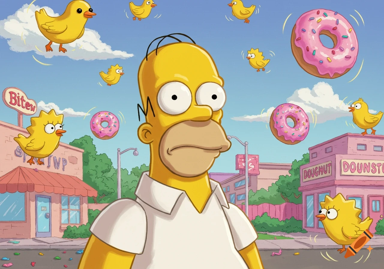 A cartoon of Homer Simpson looking up in a city street as pink donuts and yellow cartoon chicks fly around him.