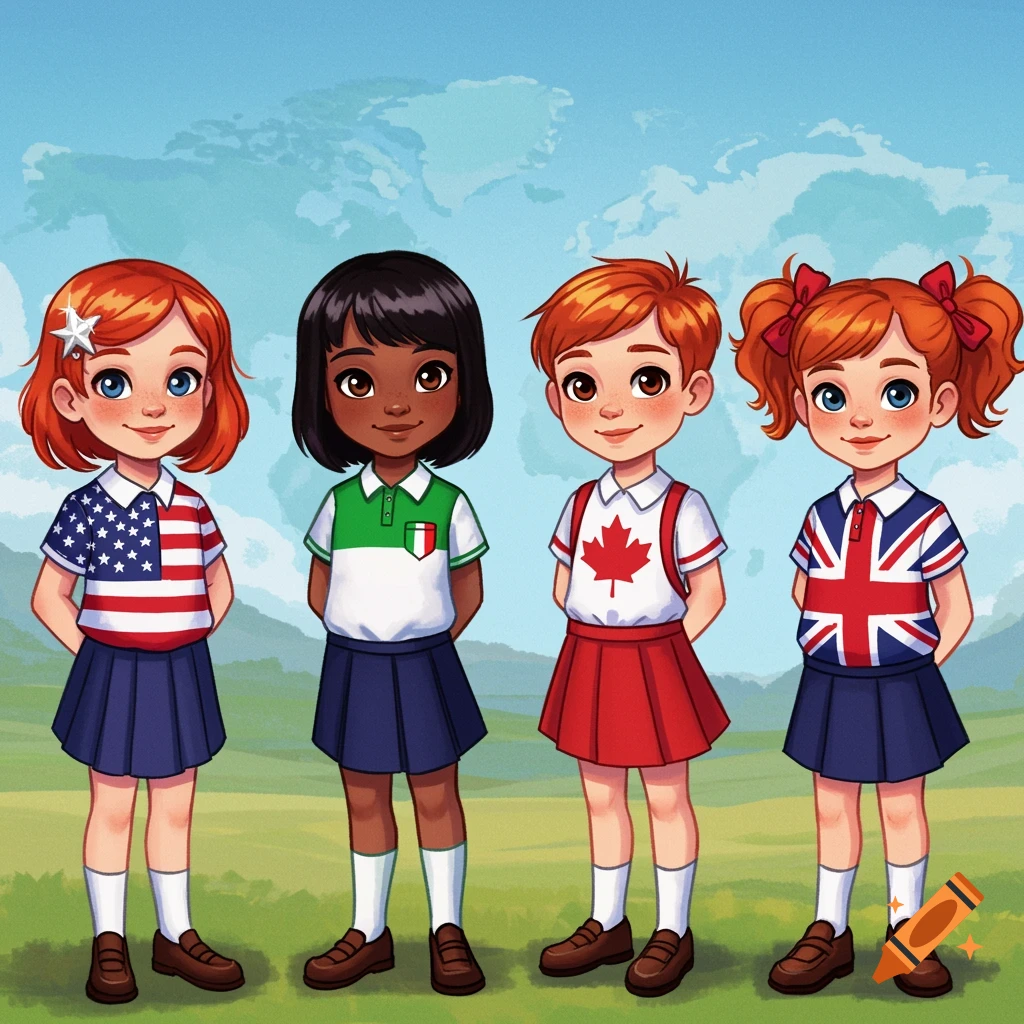 Four cartoon children in school uniforms with national flag shirts for the USA, Italy, Canada, and the UK, standing in a grassy field.