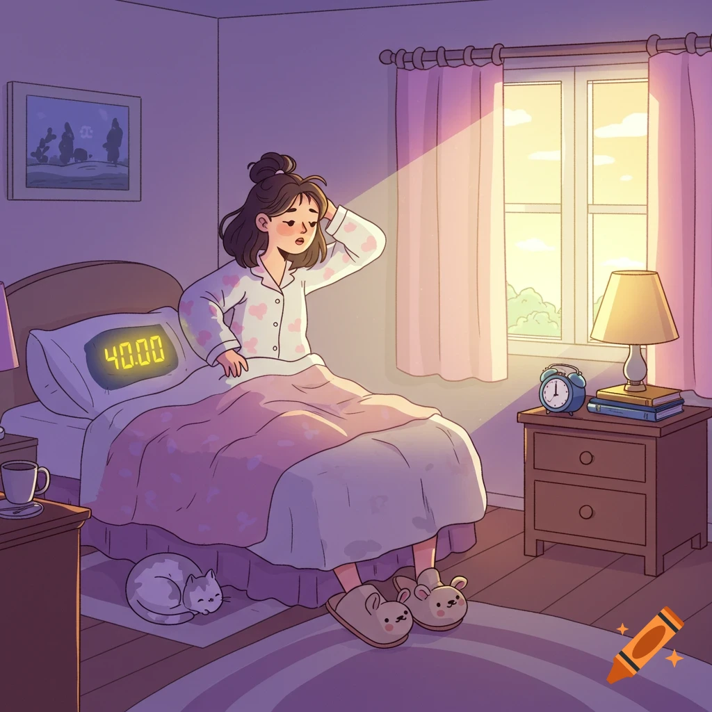 A cartoon woman in pajamas wakes up in her bedroom, a cat sleeps beside the bed as sunlight streams through the window.