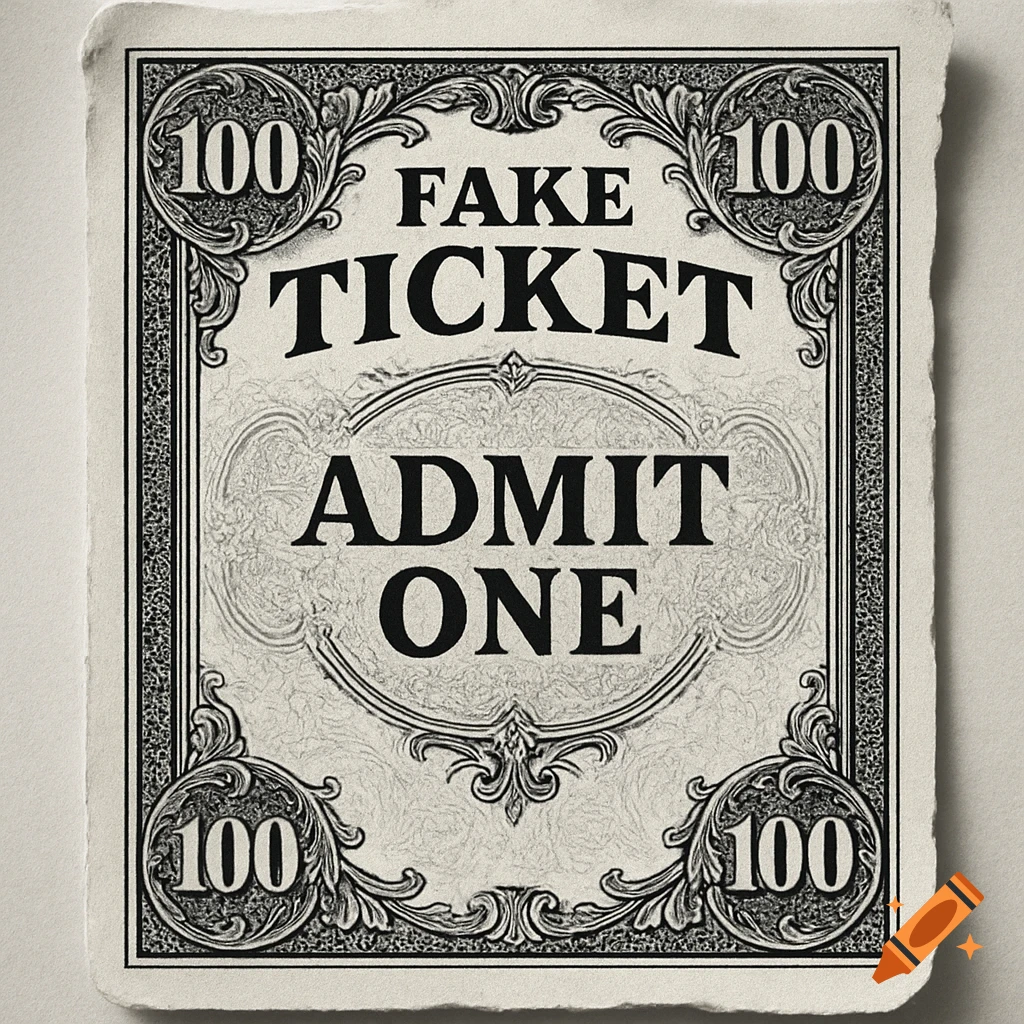 A black and white fake ticket designed like currency with ornate borders, reading 'FAKE TICKET ADMIT ONE' and '100' in the corners.