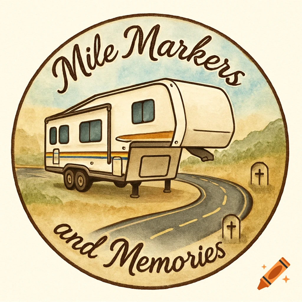 A round watercolor logo featuring a 5th wheel RV on a winding road with hills and two grave markers. Text reads 'Mile Markers and Memories'.