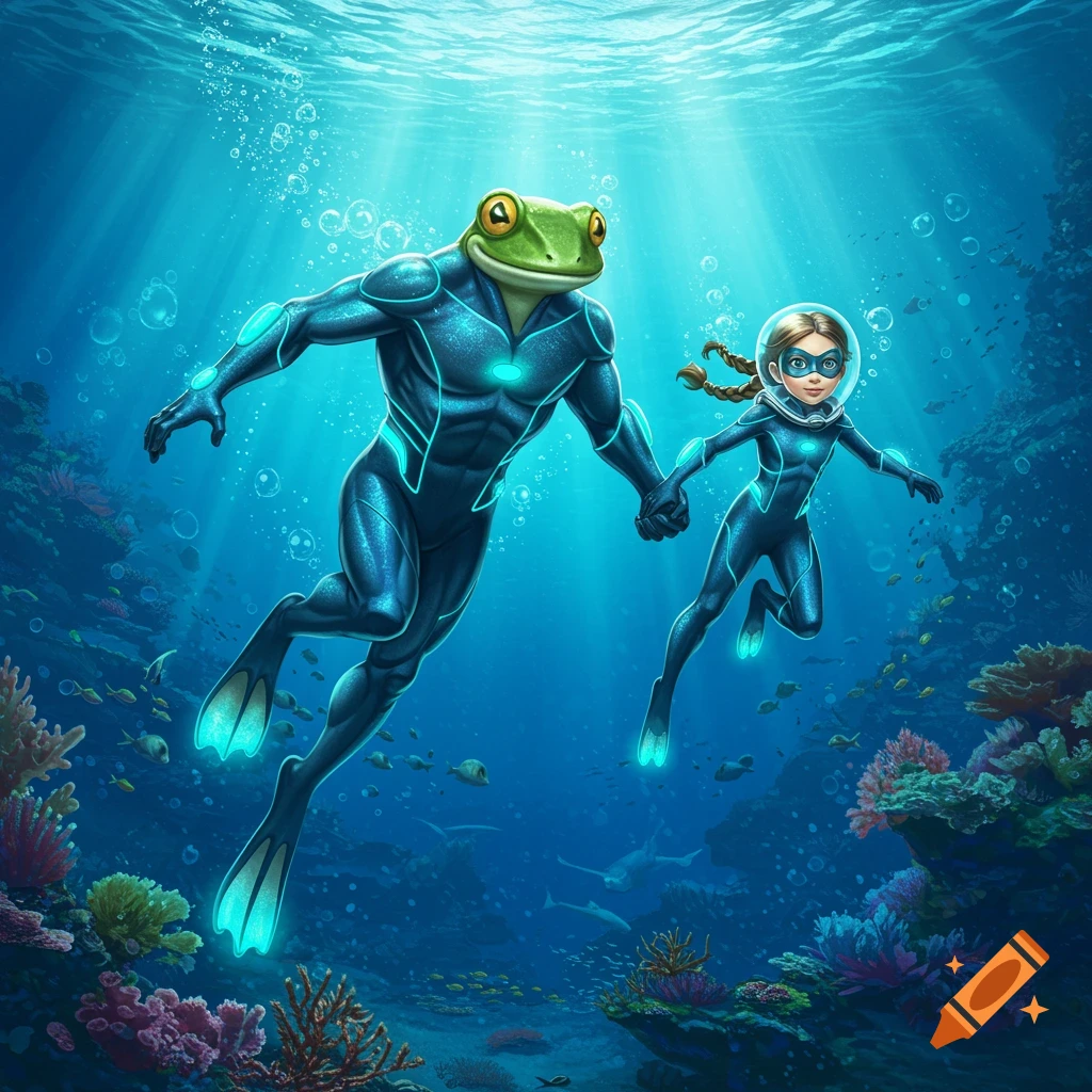 A stylized illustration shows a frog-man and a girl in blue superhero scuba suits holding hands and swimming underwater amidst coral reefs.