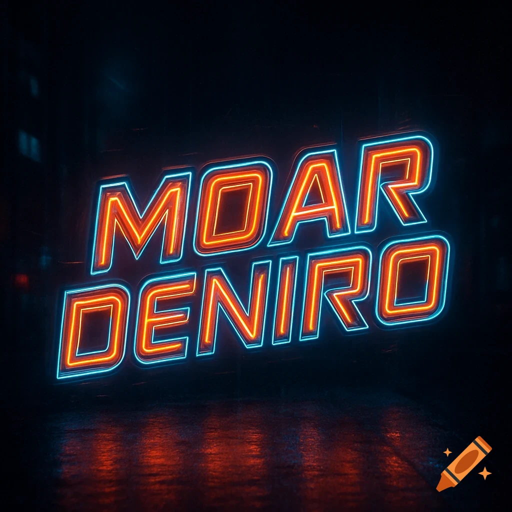 Neon sign displaying 'MOAR DENIRO' in orange and blue, reflected on a wet surface in a dark setting.