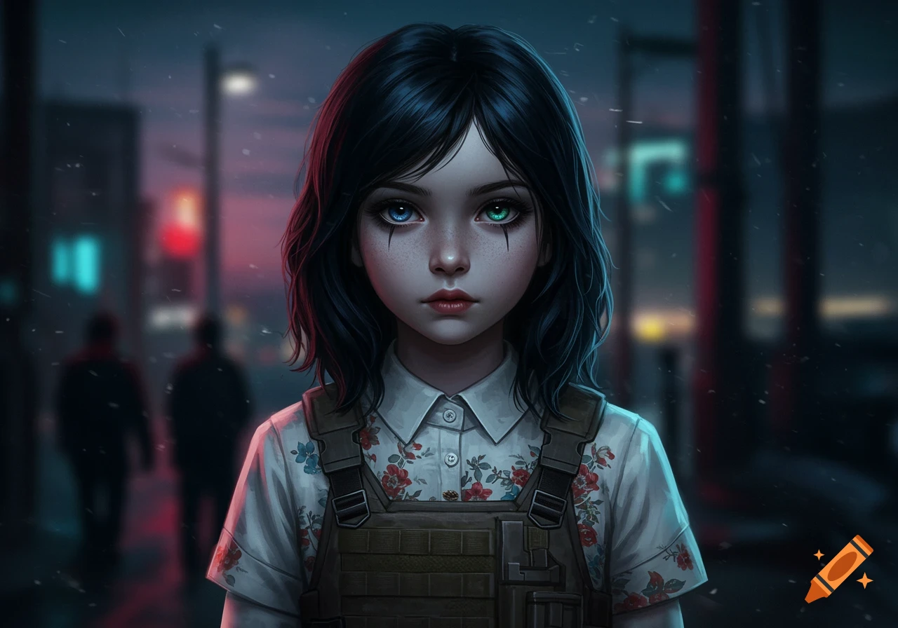 Digital art portrait of a young girl with black hair, heterochromia, dark makeup, and a floral shirt under a tactical vest, on a dark, snowy city street at night.