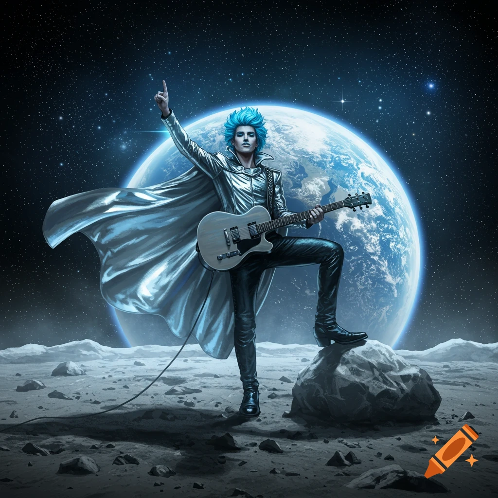 Blue-haired rockstar in a silver cape playing a guitar on the moon, with Earth visible in the starry background. Illustrated style.