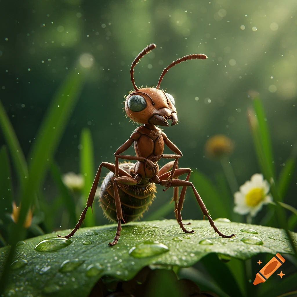 A stylized brown ant with large eyes stands on a green leaf covered in dewdrops, against a soft focus green background.