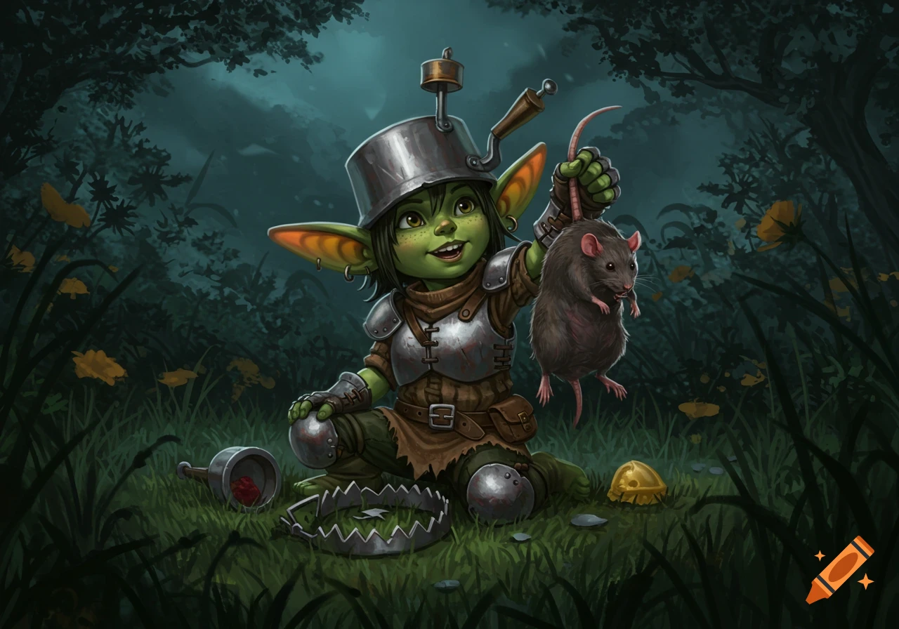 A green goblin in junk armor sits in a shadowy forest, happily holding a rat by its tail next to a trap, gothic fantasy illustration.