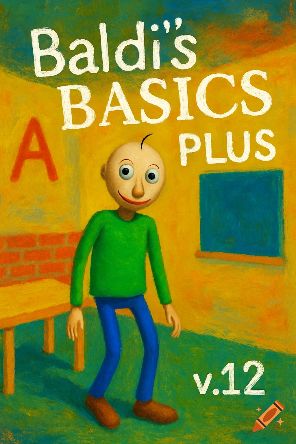 A bald man in a green shirt and blue pants stands in a classroom with text 'Baldi's BASICS PLUS v.12' in a stylized crayon art style.