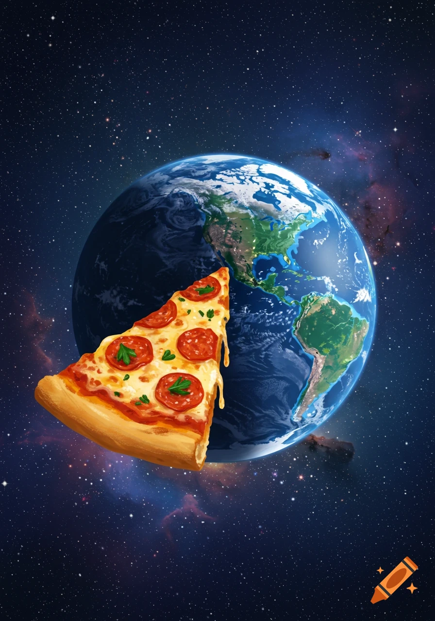 A slice of pepperoni pizza with melted cheese floats in front of the Earth in outer space, digital illustration.