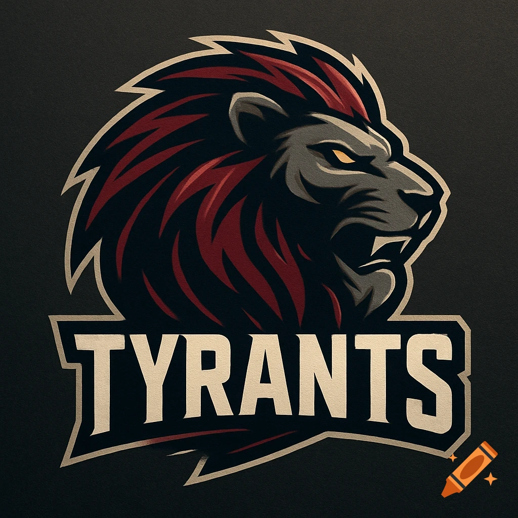 A fierce, stylized grey lion's head with red and black mane, roaring, set above the bold white text 'TYRANTS' in a logo.
