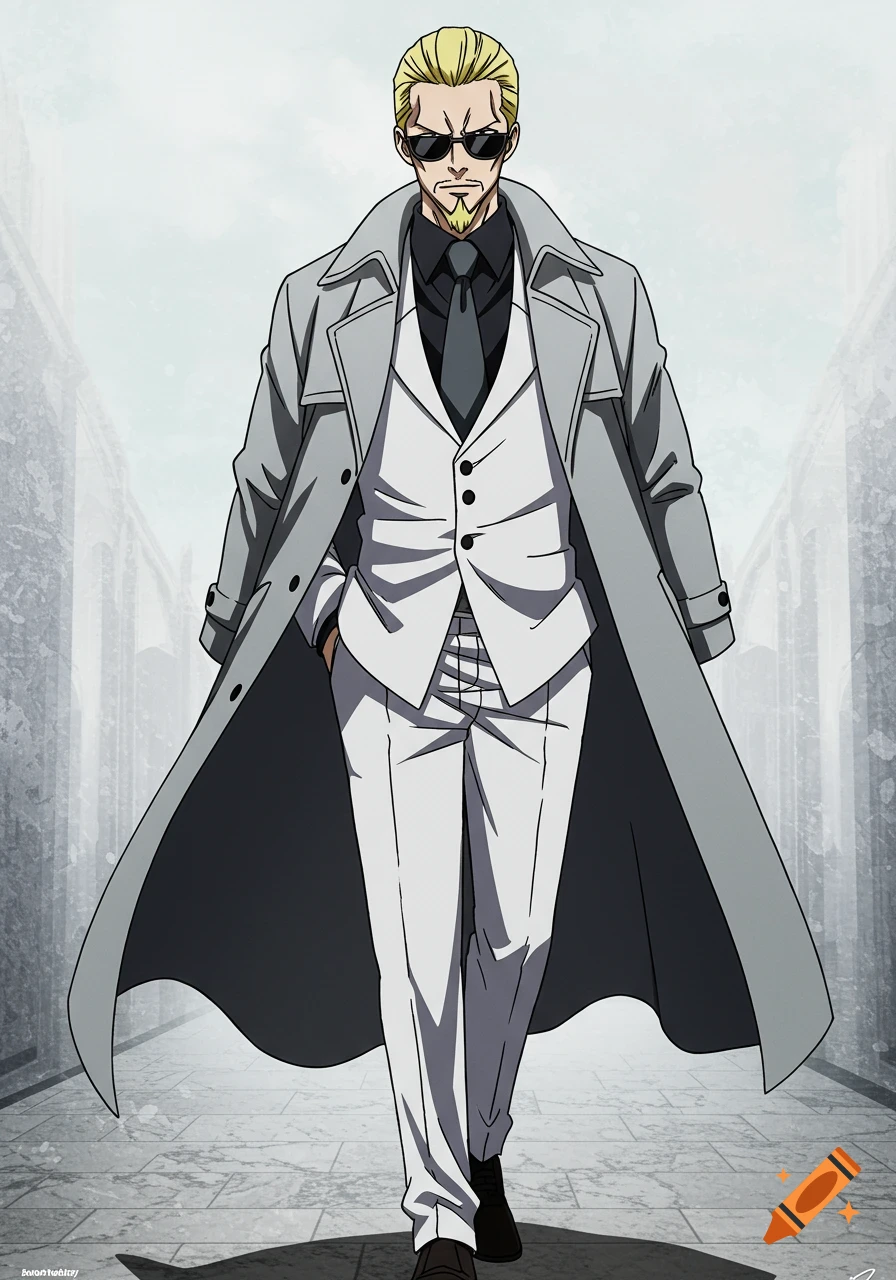An anime man, Prometheus Black, in a white suit, grey trench coat, sunglasses, and blonde hair, walks forward.