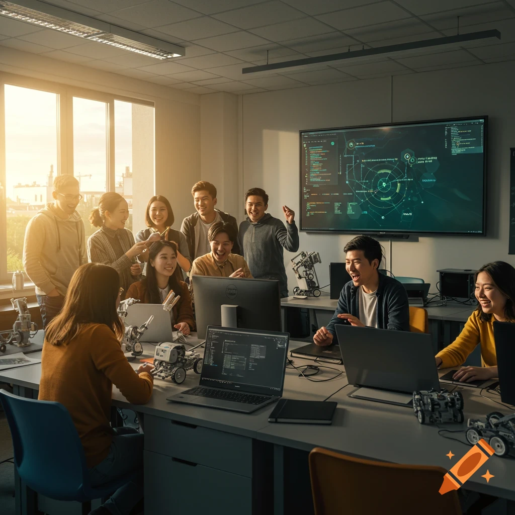 Diverse students in a modern computer science classroom, laughing and collaborating on laptops and small robots. A large screen displays code.