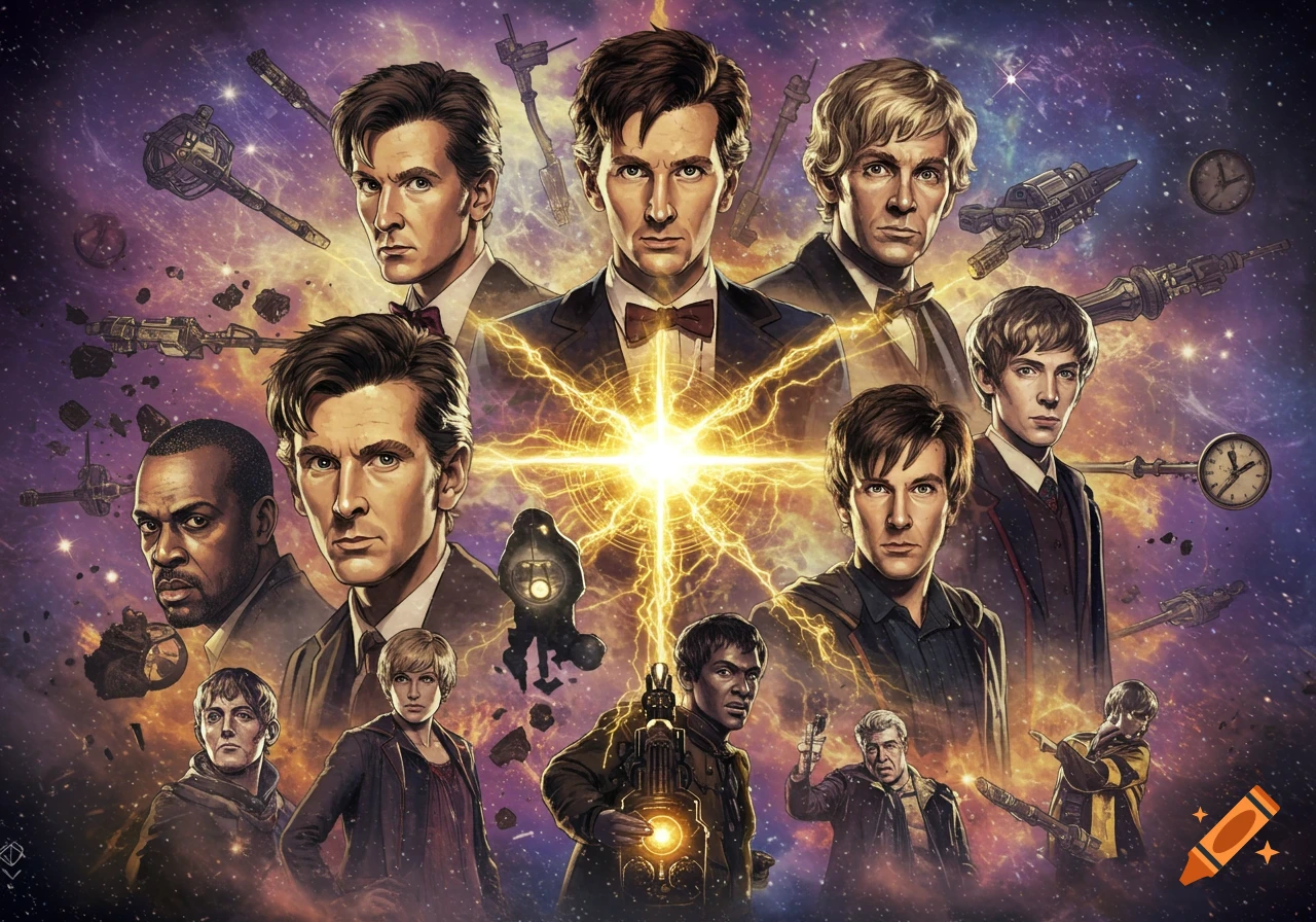 Vibrant illustration of multiple Doctors from Doctor Who in space, surrounded by spaceships, clocks, and a central energy burst.