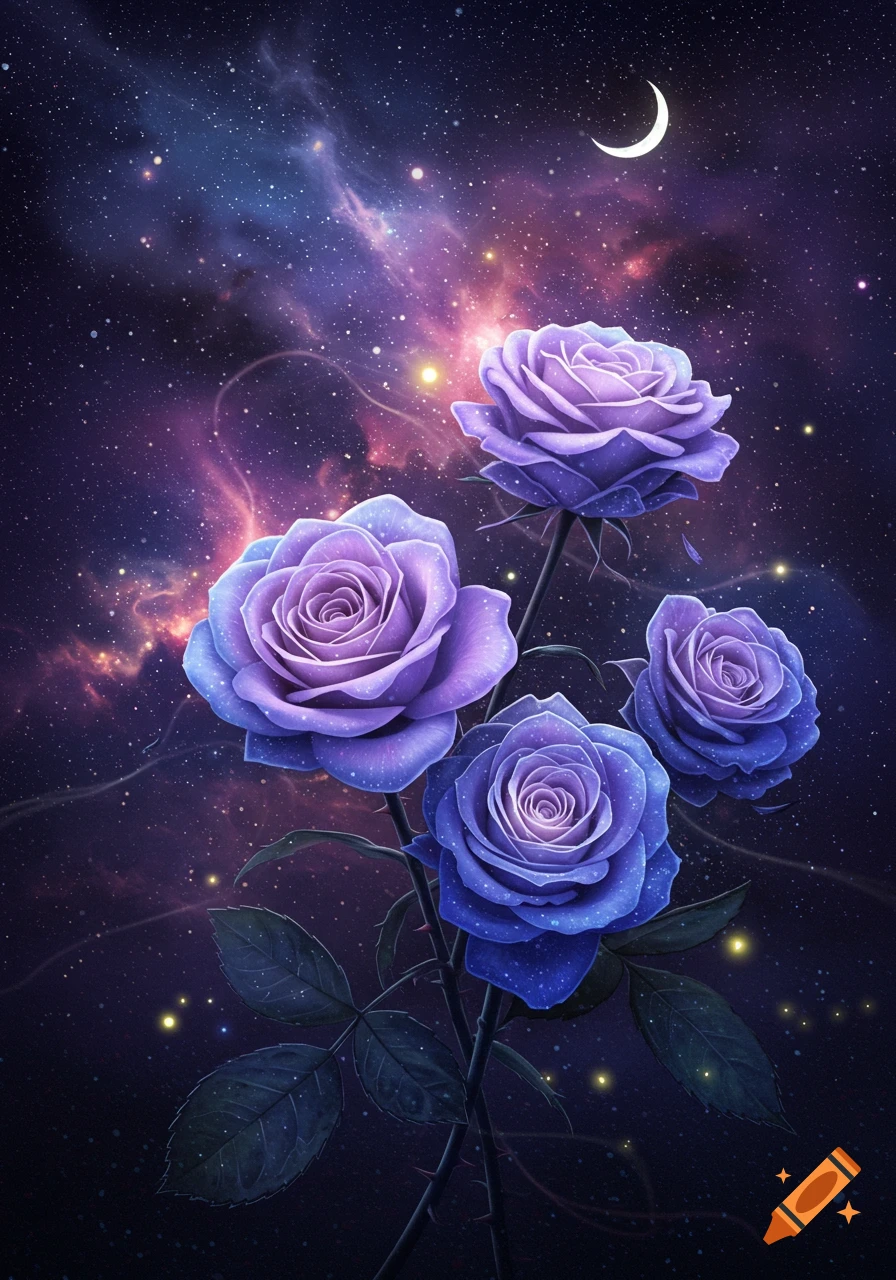 Vibrant purple and blue roses sparkle against a galaxy filled with stars and a crescent moon.