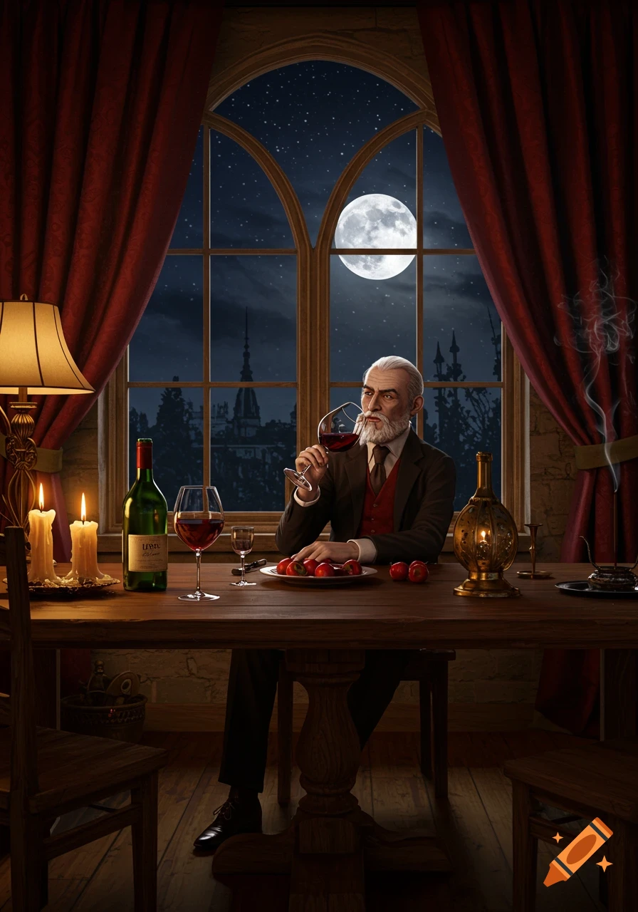 An old man with a white beard sips red wine at a candlelit wooden table, a full moon and starry night visible through a gothic window.