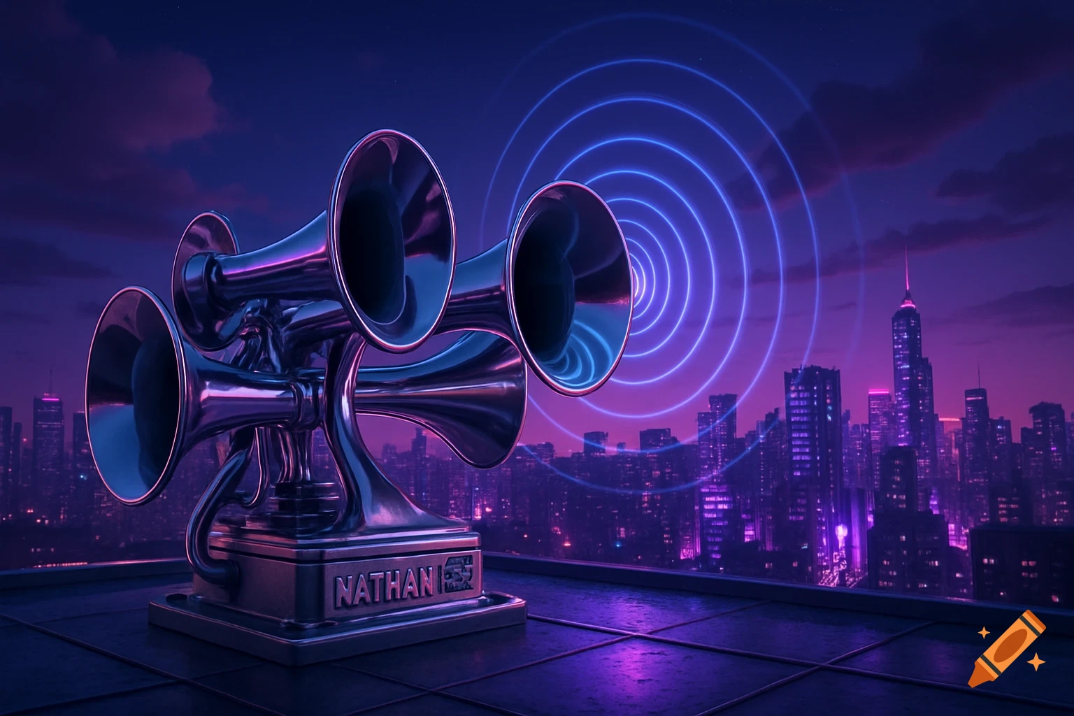 Large metallic siren on a rooftop emitting neon sound waves over a futuristic city at night, illuminated in purple and blue.