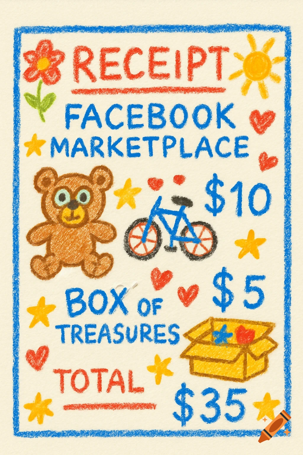 A colorful crayon-style drawing of a receipt for a Facebook Marketplace sale. It lists a teddy bear for $10, a bicycle for $10, a box of treasures for $5, and a total of $35.