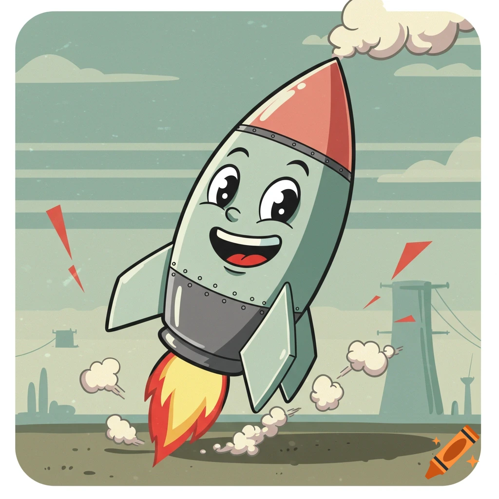 A retro 50s style cartoon rocket mascot with a happy face launching into the sky from a desert-like landscape.