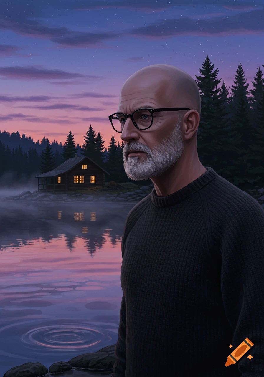Bald man with glasses and a salt-and-pepper beard overlooks a lake with a cabin at dusk, in an illustrated style.