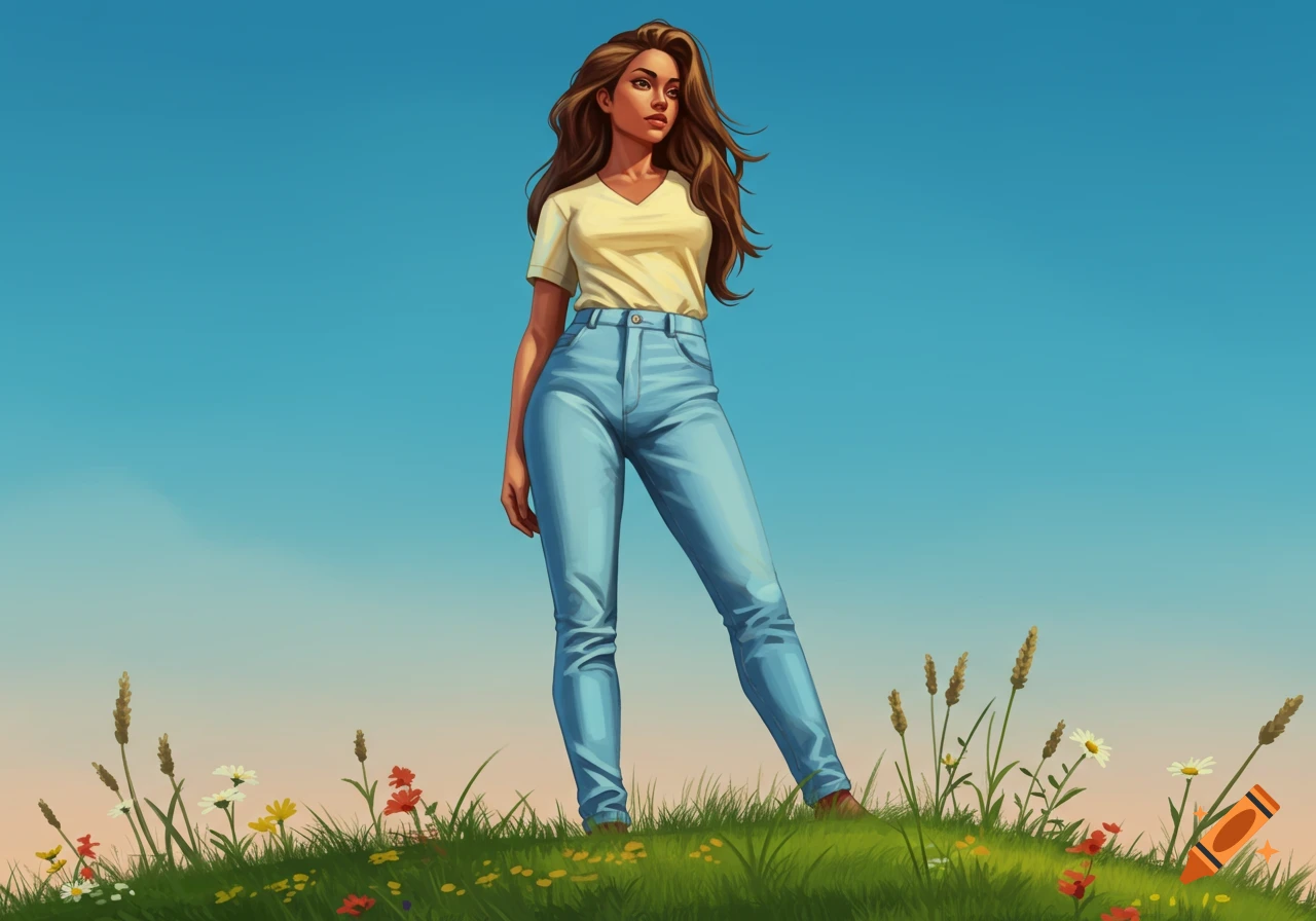 Stylized illustration of a confident woman with brown hair, wearing a yellow t-shirt and blue jeans, standing on a grassy hill with wildflowers under a clear sky.