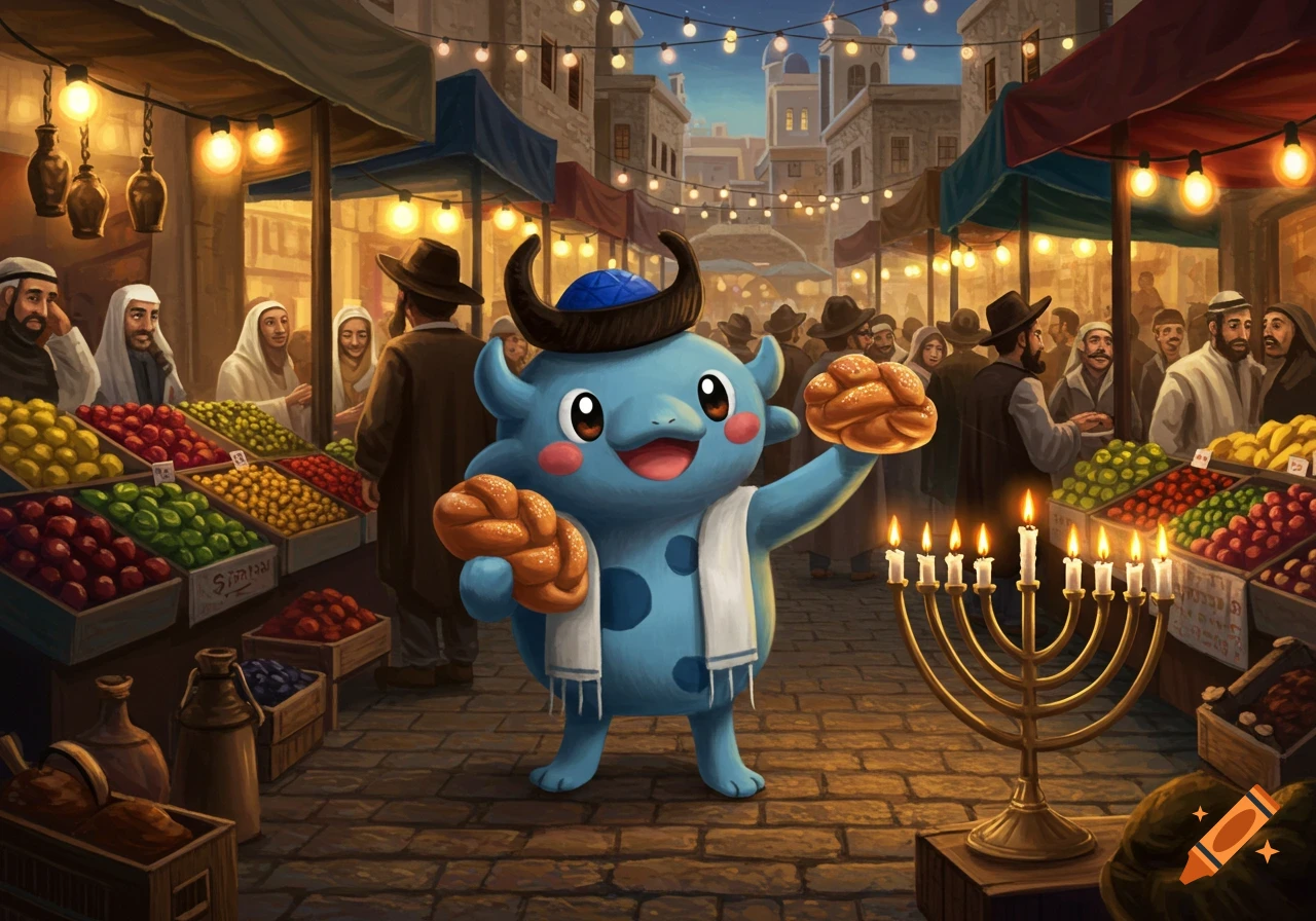 A blue, cartoon monster (Wobbuffet) wearing a kippah and tallit, holding challah bread in a vibrant market scene with a menorah.