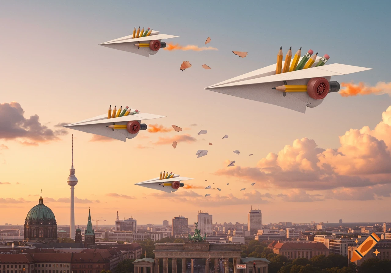 Fantasy image of several paper airplanes with pencil missiles and jet engines flying over the Berlin cityscape at sunset, with the Brandenburg Gate and TV Tower visible.