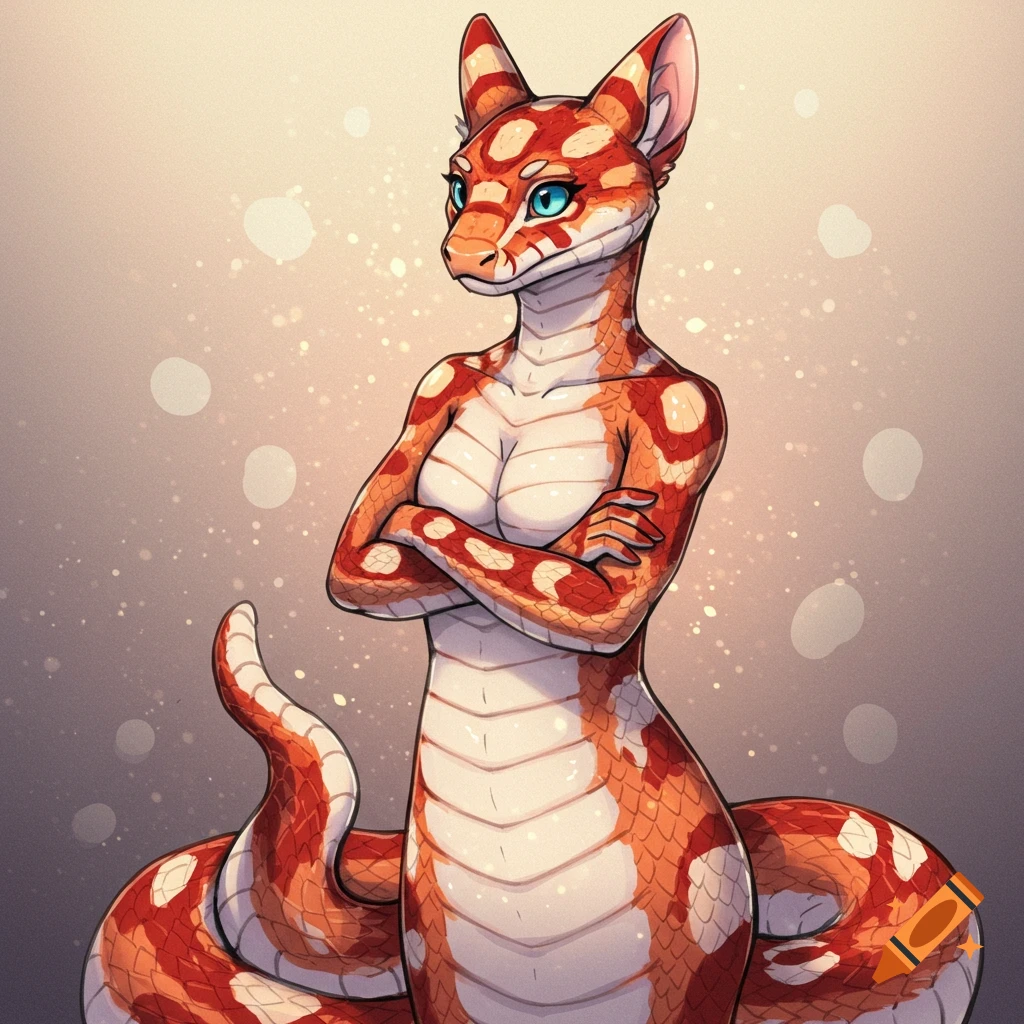 An anthropomorphic female snake-like creature with orange and white scales, cat ears, and blue eyes, standing with arms crossed.