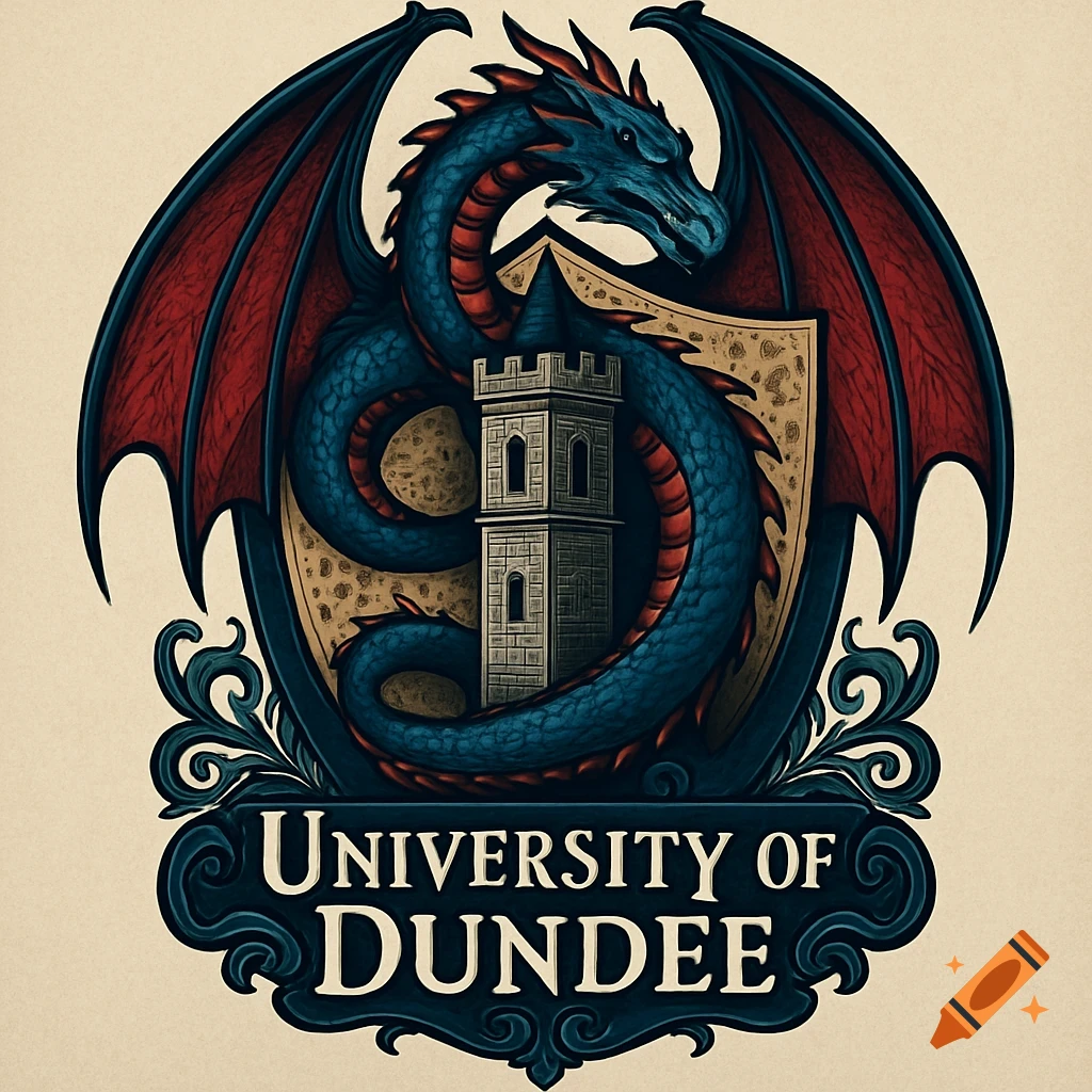 A blue dragon with red wings wrapped around a stone tower on a shield logo, with 'University of Dundee' text below.