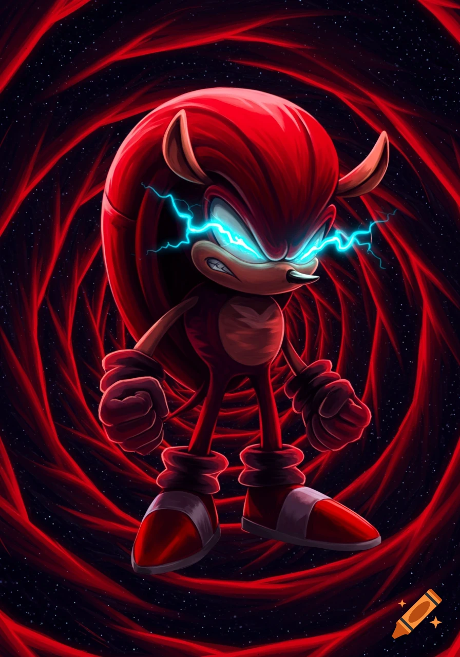 An angry, red, deformed Mighty from Sonic with glowing blue lightning eyes and clenched fists, against a swirling red and dark starry background.