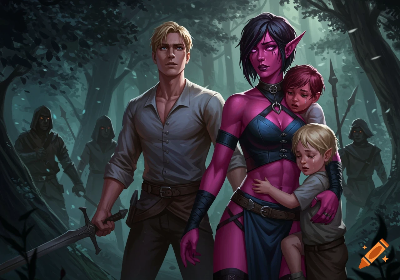 A blond man with a sword protects a pink-skinned elf woman holding two crying children from hooded figures in a dark forest, digital art.