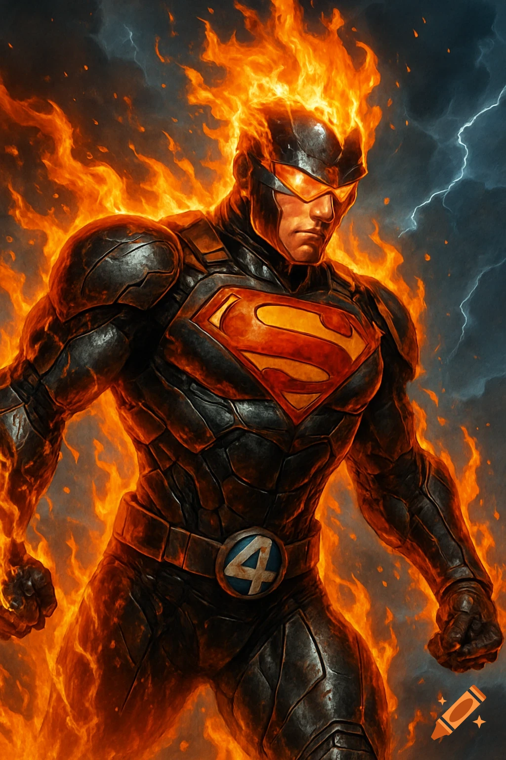 A flaming superhero in dark battle armor with a Superman symbol and a Fantastic Four emblem, standing against a stormy sky.