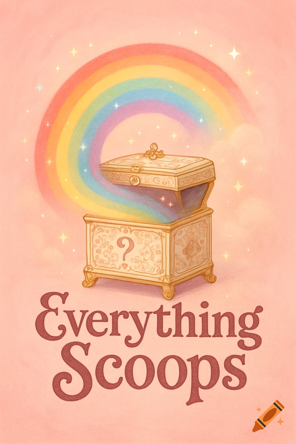 A whimsical illustration of a golden treasure chest with a question mark, under a rainbow and sparkles, against a pink background. The text "Everything Scoops" appears below.