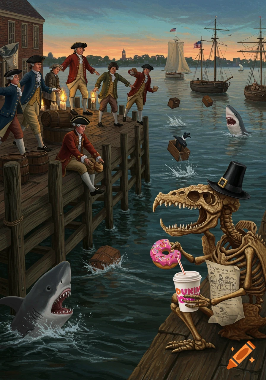 A humorous illustration of the Boston Tea Party, with colonists throwing crates into water where sharks swim, and a dinosaur skeleton in a pilgrim hat sips from a Dunkin' cup and holds a doughnut.