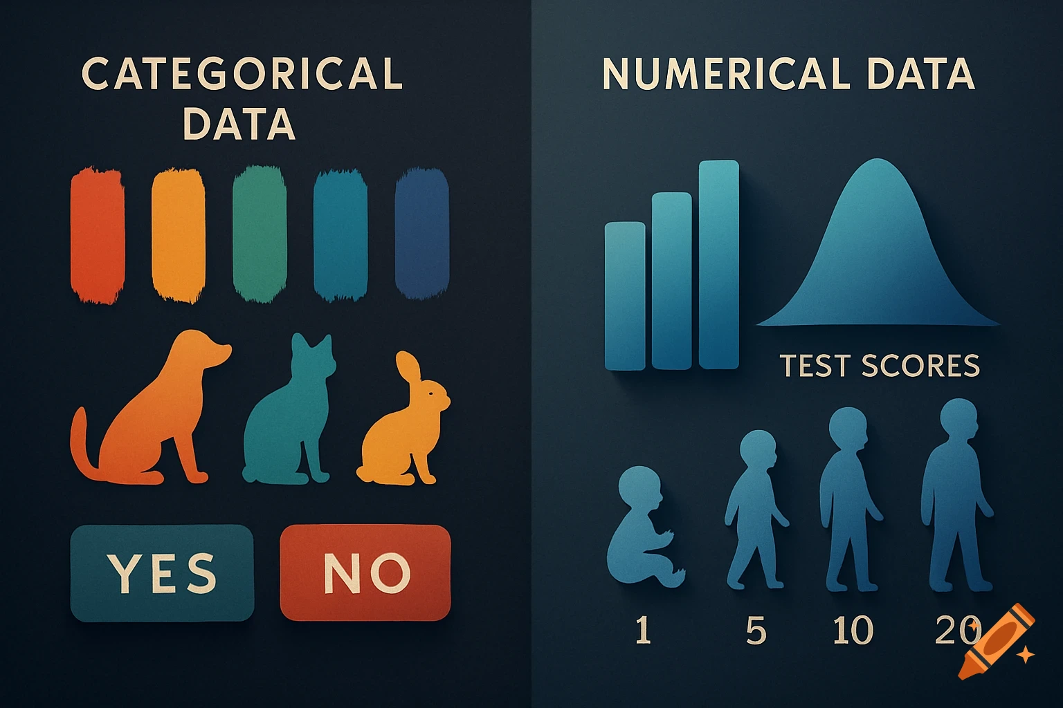An infographic comparing categorical and numerical data. Categorical shows color swatches, animal silhouettes (dog, cat, rabbit), and 'YES/NO' buttons. Numerical shows a bar chart, a bell curve, and growing figures with numbers 1, 5, 10, 20.