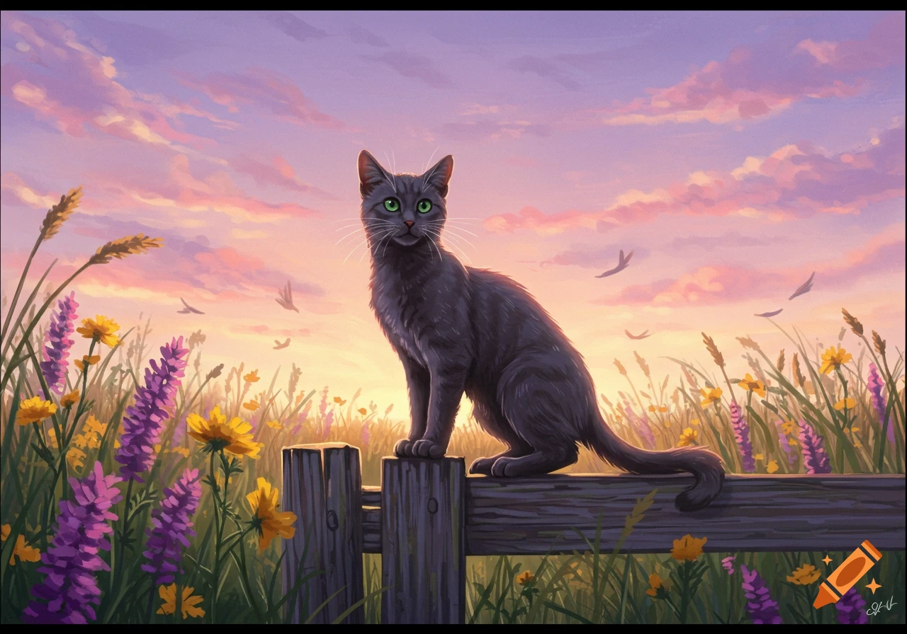 A gray cat with green eyes sits on a wooden fence post in a field of purple and yellow wildflowers at sunset, digital painting.