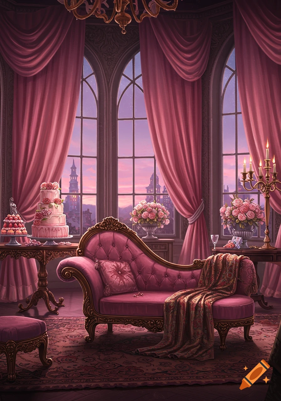 An elegant baroque room with pink drapes, a chaise lounge, cake, flowers, and a sunset city view.