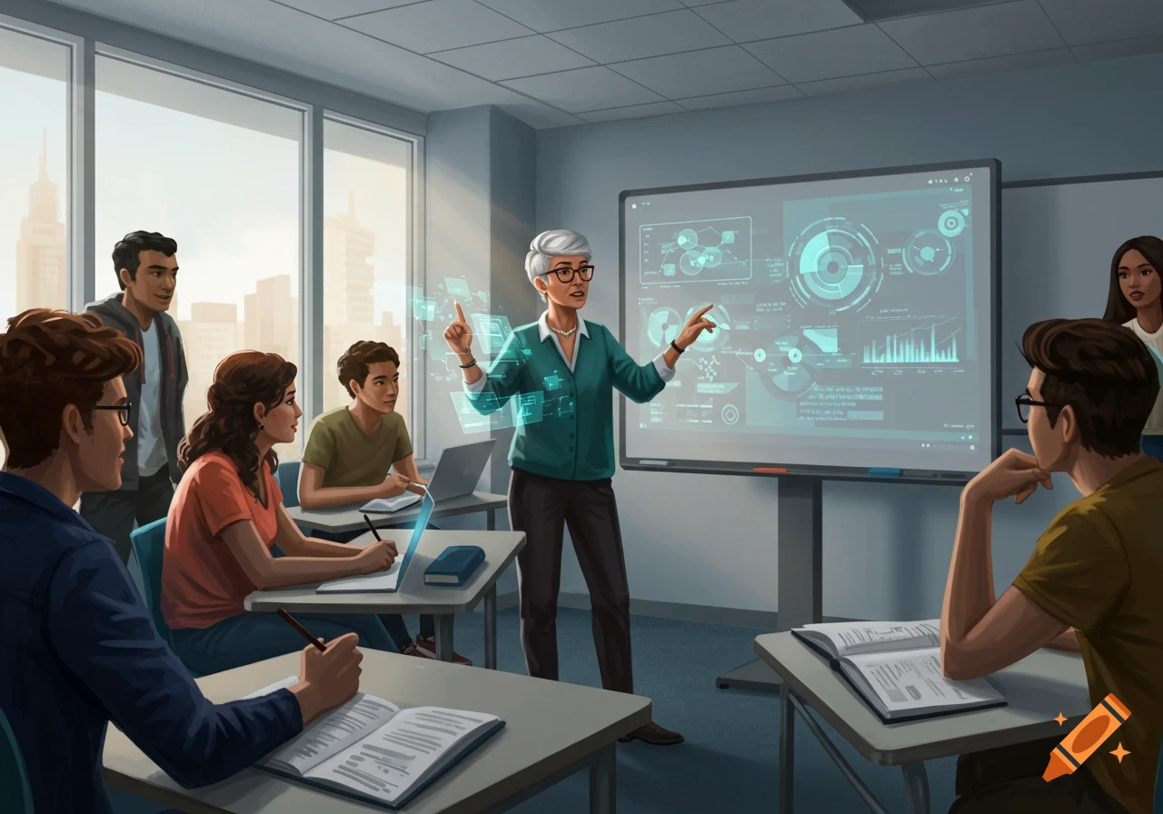 A female professor lectures in a modern classroom with a large smart screen and holographic displays, while diverse students listen and take notes.